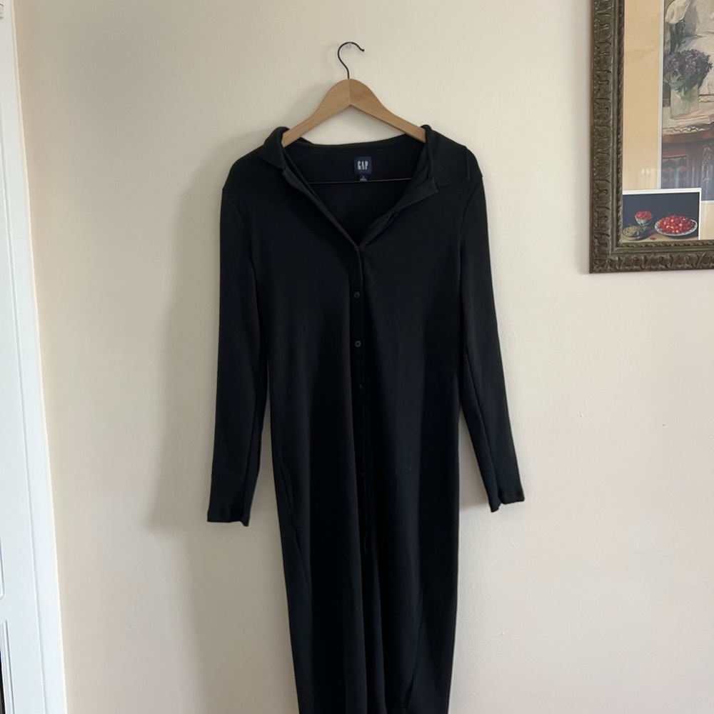 GAP Black Maxi Dress with Long Sleeve Cuffed Sleeves and Notched Collar